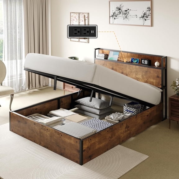 LUXOAK Queen Size Bed Frame with Lift up Storage Platform and Charging Station, Rustic Brown