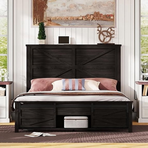 LUXOAK Queen Size Farmhouse Wood Bed Frame, No Squeak Design, Wood Slat Support, No Box Spring, Black