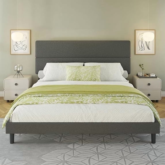 LUXOAK Queen Size Upholstered Bed Frame with 47.3" High Adjustable Headboard & Wooden Slats, Grey