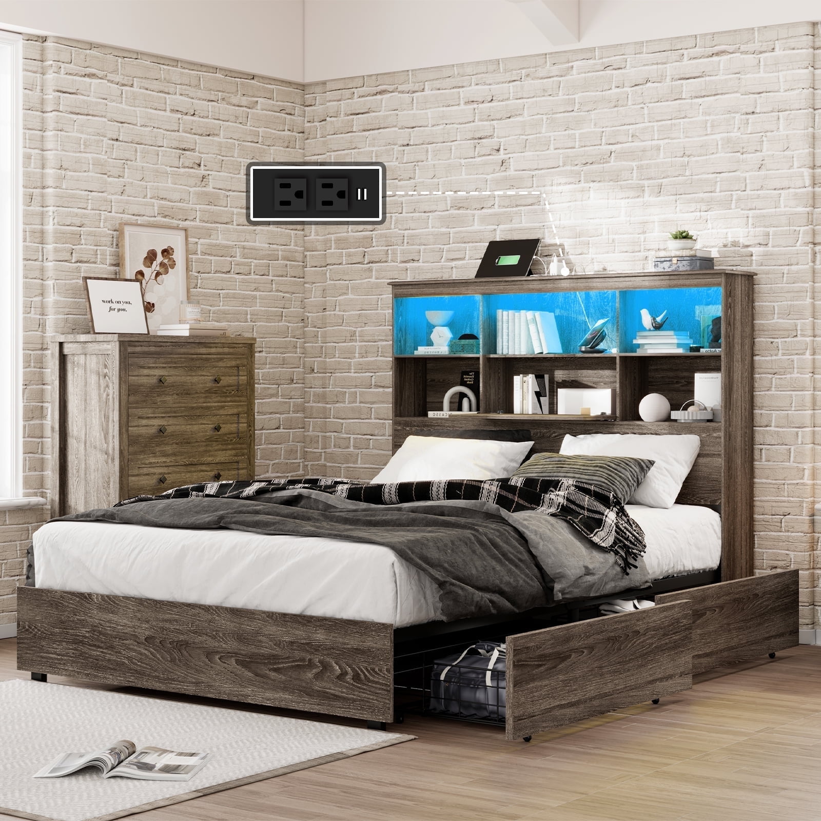 LUXOAK Queen Wooden Bed with LED Bookshelf Headboard Charging Station 4 Drawers Grey Walmart