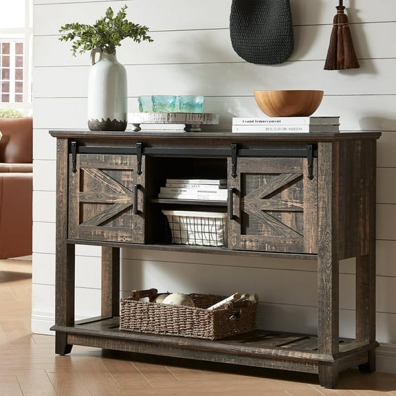 LUXOAK Sofa Table with Sliding Barn Doors, Farmhouse Rustic Storage Table, Rustic Oak Black