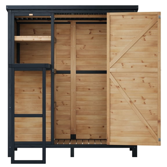 LUXOAK Solid Fir Wood Outdoor Storage Shed, Garden Tool Shed with Foldable Workbench, Weatherproof Utility Cabinet for Backyard, 2.76x5.15x5.9 ft