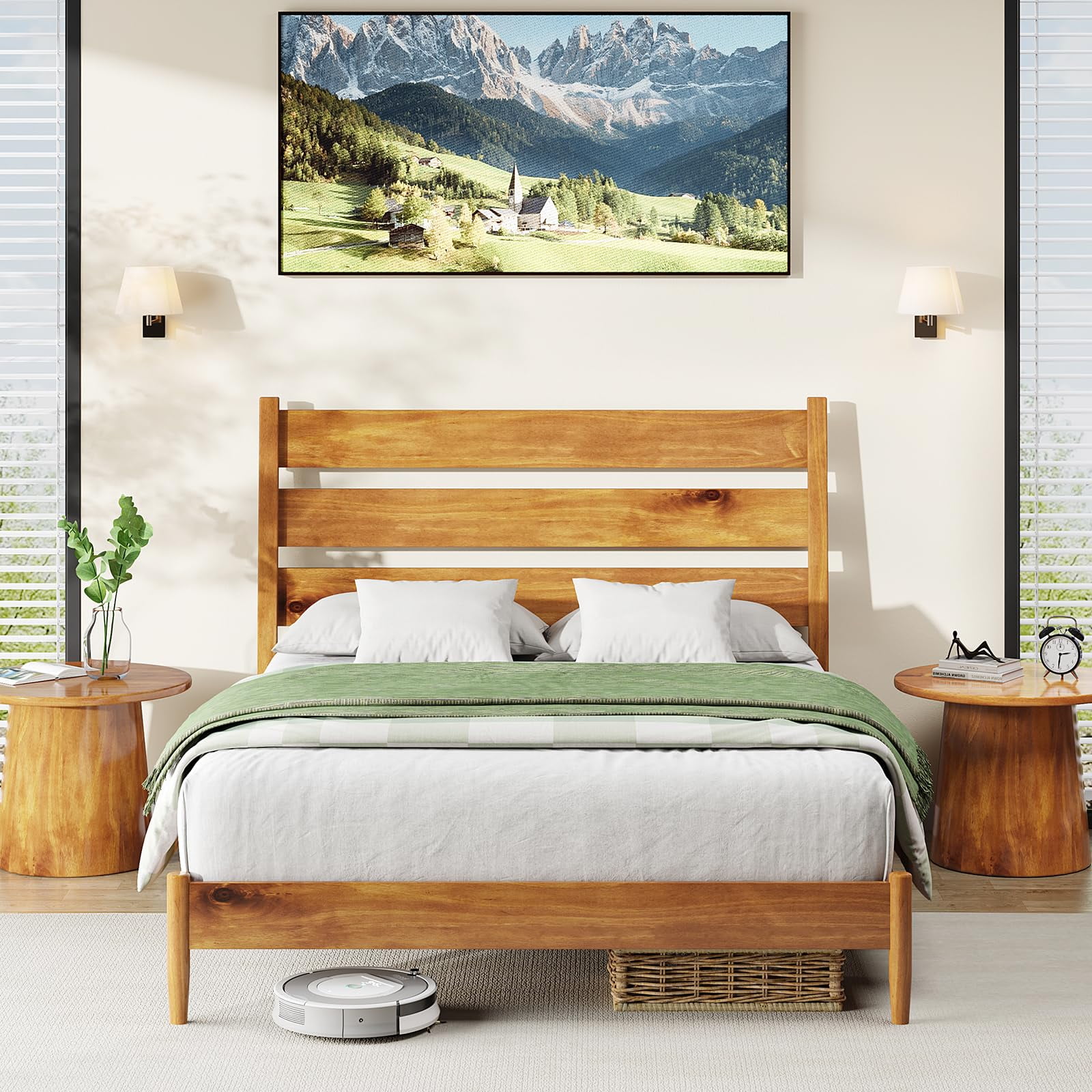 LUXOAK Solid Wood Bed Frame With Ergonomic Headboard, Full Size, Easy ...