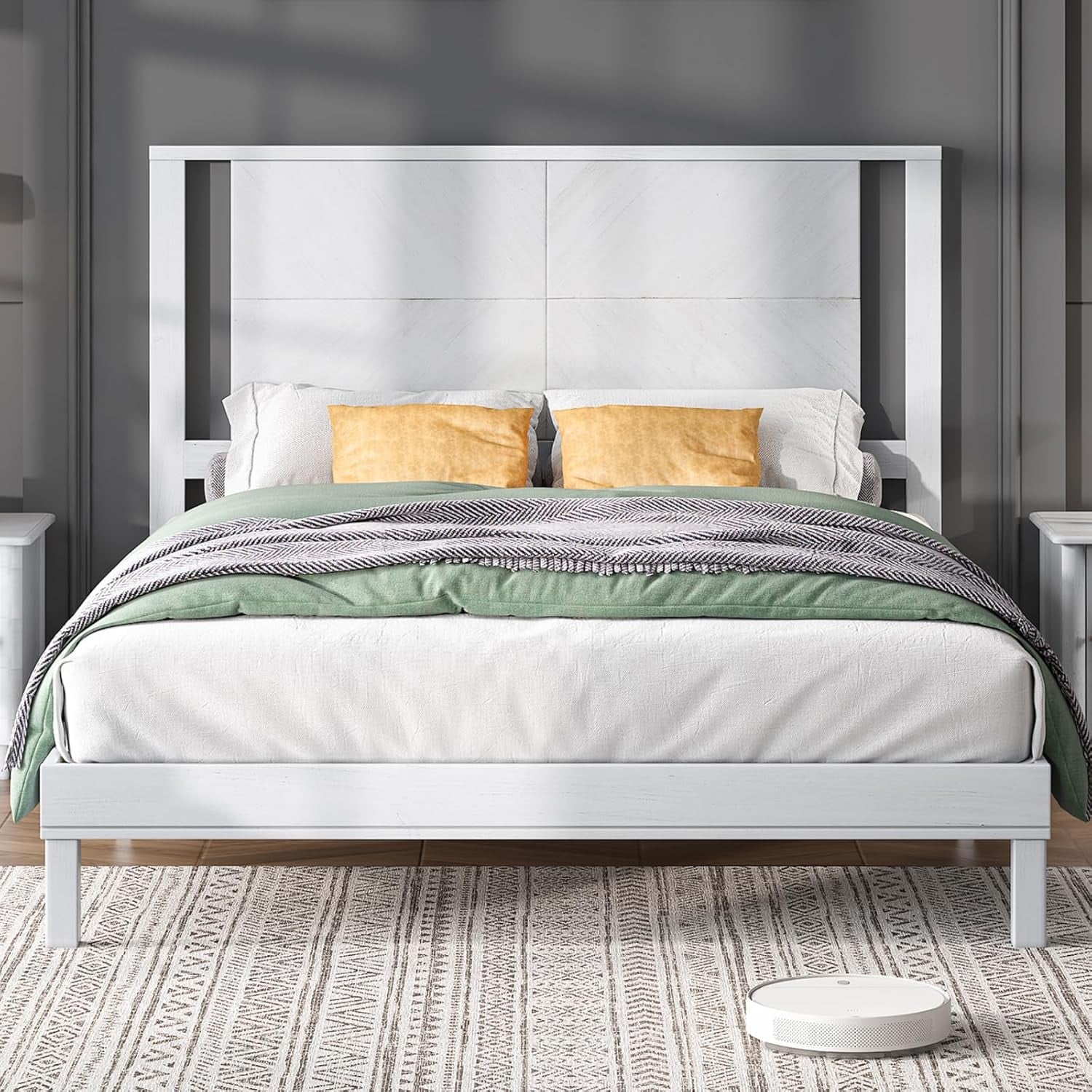 LUXOAK Solid Wood Queen Size Bed Frame with Easy Assembly & Storage Space, Antique White