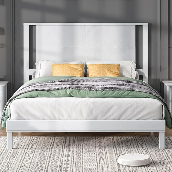 LUXOAK Solid Wood Queen Size Bed Frame with Easy Assembly & Storage Space, Antique White