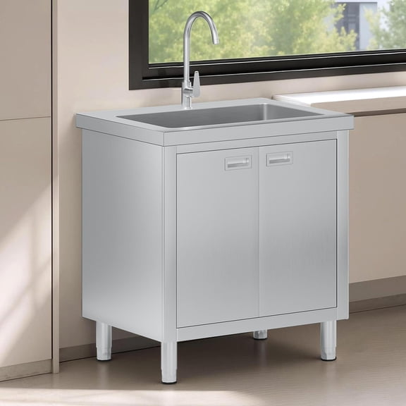 LUXOAK Stainless Steel Utility Sink with Cabinet, Commercial Freestanding, Double-Door Storage for Restaurant, Laundry Room, Garage