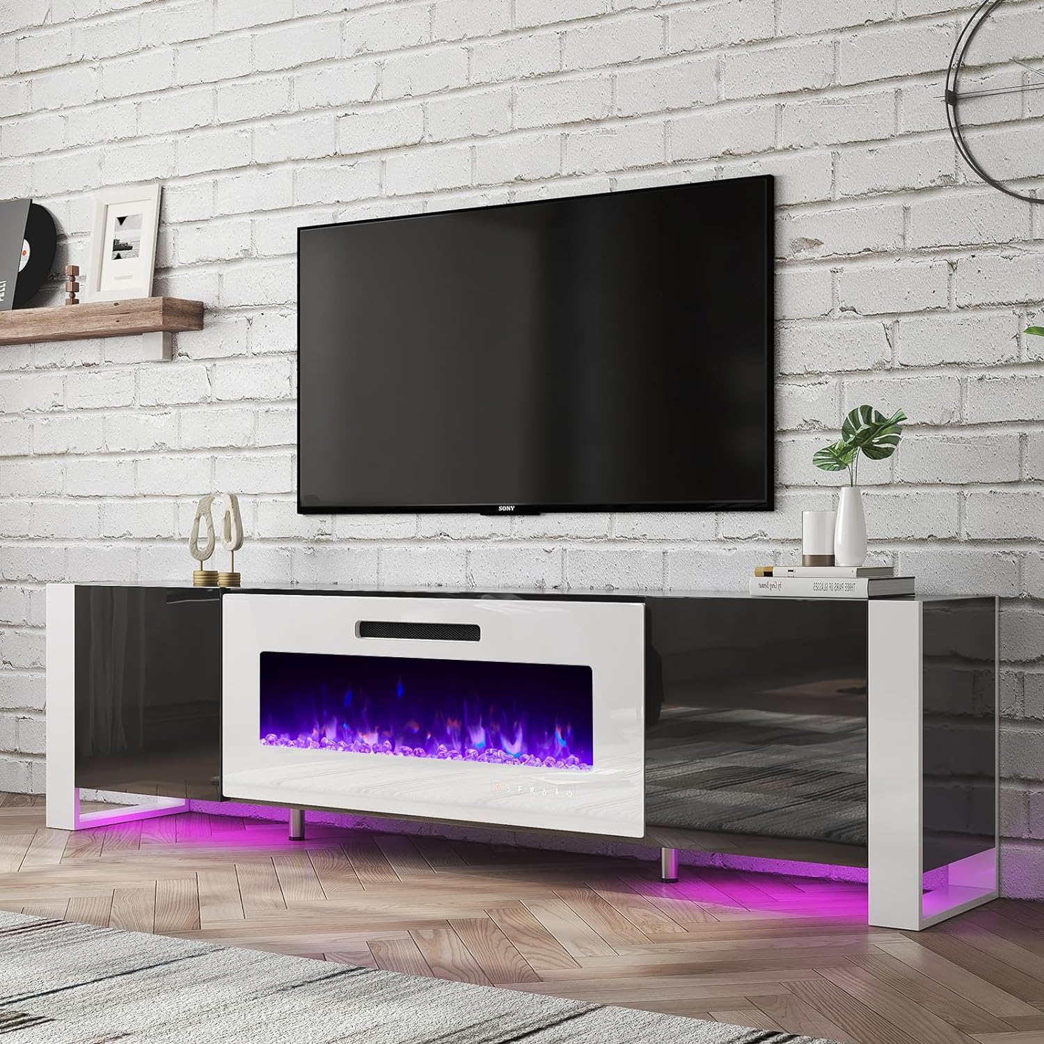LUXOAK UShaped Legs 80" Fireplace TV Stand, Mirrored Finish Media