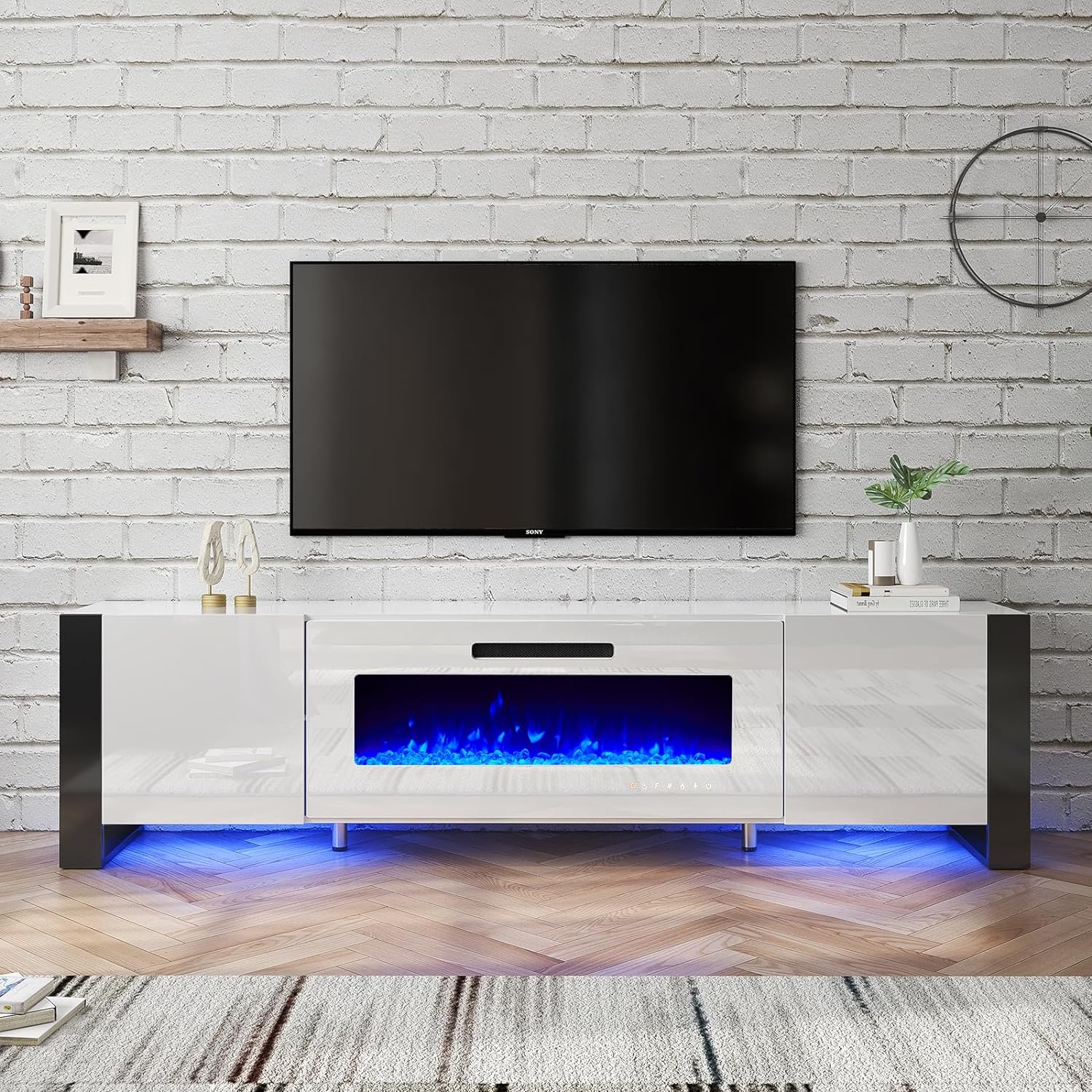 LUXOAK UShaped Legs 80" Fireplace TV Stand, Mirrored Finish Media