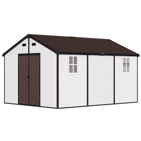 LUXOAK10x13.5x8 ft Resin Storage Shed with Floor, Lockable Outdoor Storage Shed with 2 Windows, for Backyard, Garden – White & Brown