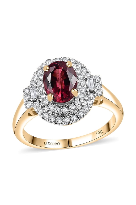 LUXORO AAA Rubellite White Diamond Oval 10K Yellow Gold Halo Ring for Women Jewelry Birthday Christmas Gifts Size 7 Ct 1.5 G-H Color SI Clarity