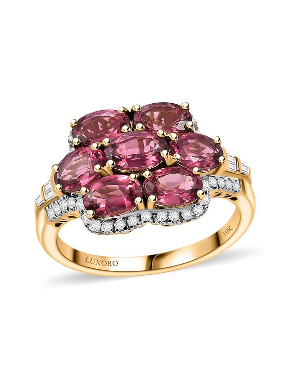 LUXORO AAA Rubellite White Diamond Oval 10K Yellow Gold Ring for Women Jewelry Birthday Christmas Gifts Size 6 Ct 2.98