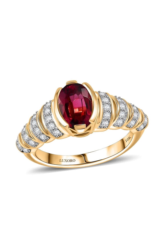 LUXORO AAA Rubellite White Diamond Oval 10K Yellow Gold Ring for Women Jewelry Birthday Christmas Gifts Size 7 Ct 1.36 G-H Color I2 Clarity