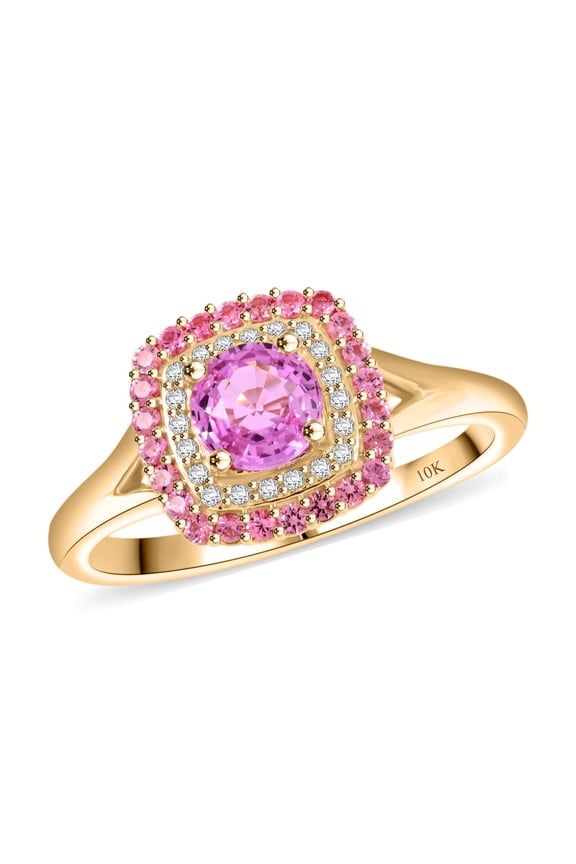 LUXORO AAA Sapphire Spinel 10K Yellow Gold Halo Ring for Women Jewelry Gifts Size 7 G-H Color I2 Clarity Ct 1.35 Birthday Gifts