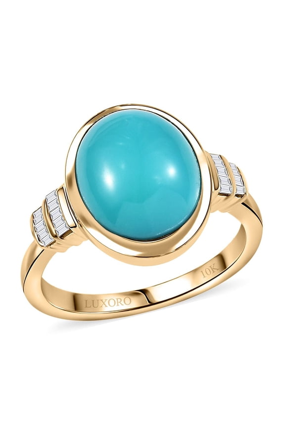 LUXORO Sleeping Beauty Turquoise White Diamond Oval 10K Yellow Gold Ring for Women Jewelry Birthday Christmas Gifts Size 9 Ct 3.63 G-H Color I2 Clarity