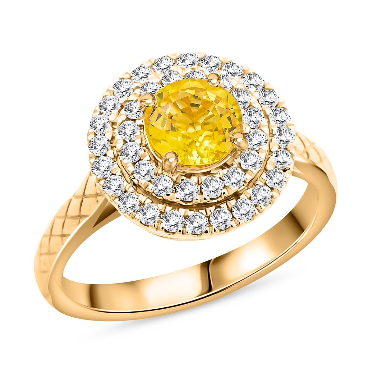 LUXOROAAA Yellow Sapphire White Diamond Round 14K Yellow Gold Halo Ring for Women Jewelry Size 7 Ct 1.31 G-H Color I3 Clarity Birthday Gifts
