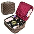 thumbnail image 1 of LUXOURIA Makeup Bag for Women Large Cosmetic Bag Leather Train Case Professional Makeup Case Cute Travel Makeup Organizer with Brush Section & Removable Dividers, 1 of 6