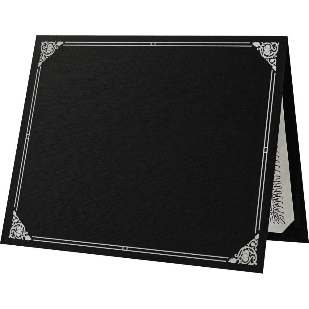 LUXPaper Certificate Holders for 8 1/2 x 11 Documents, 100 lb, Black Linen, Silver Foil Floral Border, 25 Pack, Holder Size 9 1/2 x 12
