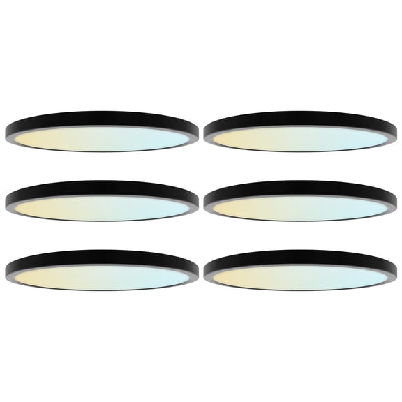 LUXRITE 12 In. LED Flush Mount Light, Surface Mount, 5CCT, 1650LM, CRI90, 110, 22W Dimmable UL Listed Black Trim 6 Pack