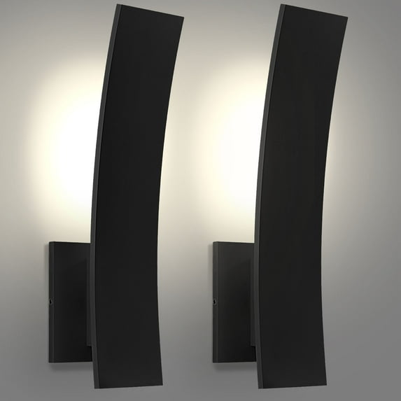 LUXRITE 15-Inch LED Curved Outdoor Wall Sconce, 5CCT, 1000LM, 15W, IP65, Dimmable, Exterior Light Fixture Black 2 Pack
