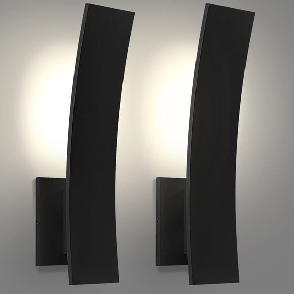 LUXRITE 15-Inch LED Curved Outdoor Wall Sconce, 5CCT, 1000LM, 15W, IP65, Dimmable, Exterior Light Fixture Black 2 Pack