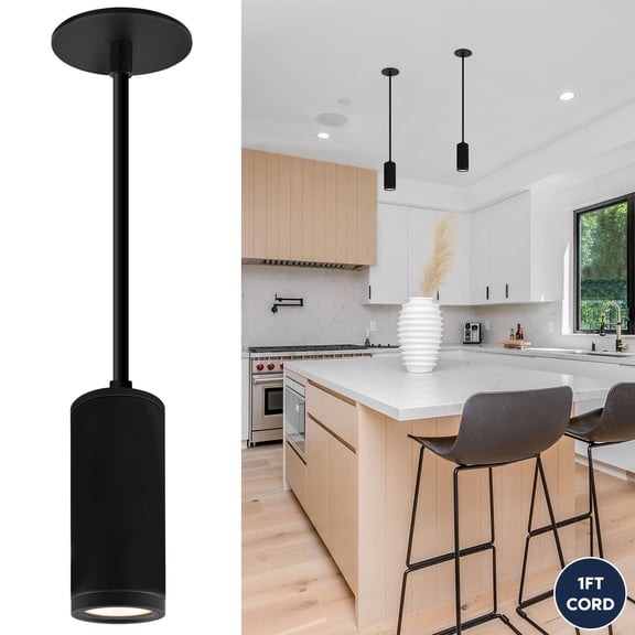 LUXRITE 2.5-Inch LED Cylinder Pendant Light, 5CCT 1100LM, 15W, CRI90, Dimmable, 1FT Recessed Cable, 120277V, ETL Black