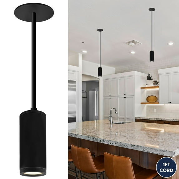 LUXRITE 2.5-Inch LED Cylinder Pendant Light with 1FT Surface Mount Cable 5CCT, 1100LM, 15W, Dimmable 120V-277V ETL Black