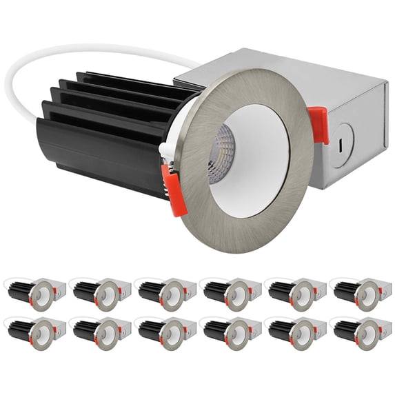 LUXRITE 2 In. LED Recessed Light, Round White & Brushed Nickel Interchangeable Trim, 5CCT, 1000LM, 15W, Dimmable 12 Pack