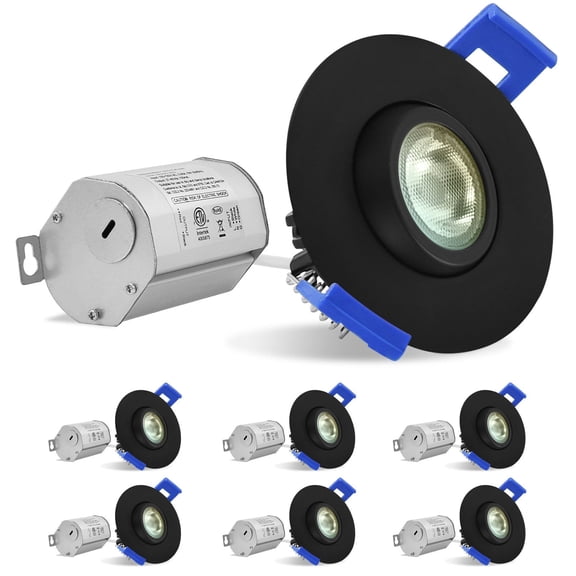 LUXRITE 2 Inch Gimbal LED Recessed Lighting J-Box CRI90 5W 5CCT 2700K-5000K Dimmable 400 Lumens Damp IC Rated Black 6 Pack