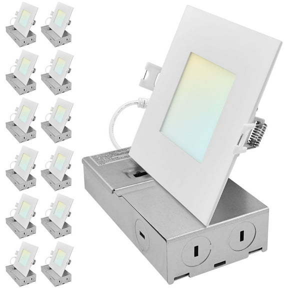 LUXRITE 4 Inch Square Canless Spotlight LED Recessed Light 5CCT Dimmable 650/800/1066 Lumens CRI 90, 8W/10W/13W 12 Pack