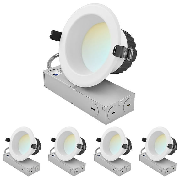 LUXRITE 4 Inch LED Recessed Light J-Box 5CCT 12/16/20W Dimmable 1200/1600/2000LM Wet Rated 4 Pack