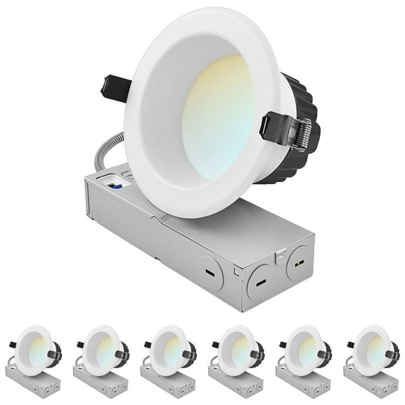 LUXRITE 4 Inch LED Recessed Light J-Box 5CCT 12/16/20W Dimmable 1200/1600/2000LM Wet Rated 6 Pack