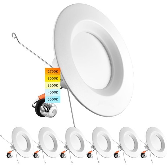 LUXRITE 5/6 Inch LED Recessed Retrofit Downlight, 14W=90W, CCT Color Selectable 2700K | 3000K | 3500K | 4000K | 5000K, Dimmable Can Light, 1100 Lumens, Wet Rated, Energy Star, Smooth Trim (6 Pack)