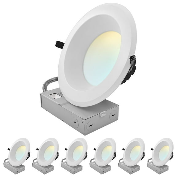 LUXRITE 8 Inch LED Recessed Light J-Box 5CCT 50/65/80W Dimmable 5000/6500/8000LM Wet Rated 6 Pack