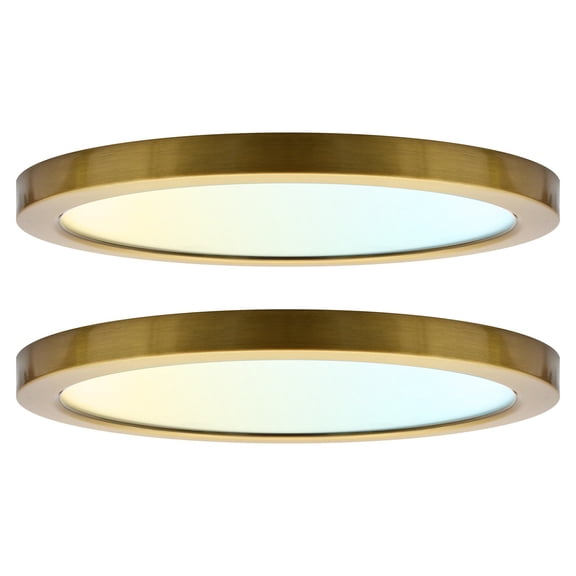 LUXRITE 9 In. LED Flush Mount Light, Surface Mount, 5CCT, 1500LM, CRI90, 110, 18W Dimmable UL Listed, Brass Trim 2 Pack