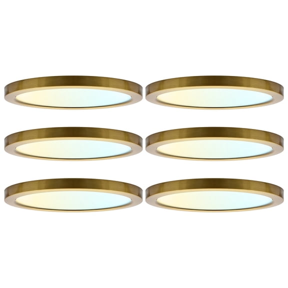 LUXRITE 9 In. LED Flush Mount Light, Surface Mount, 5CCT, 1500LM, CRI90, 110, 18W Dimmable UL Listed, Brass Trim 6 Pack