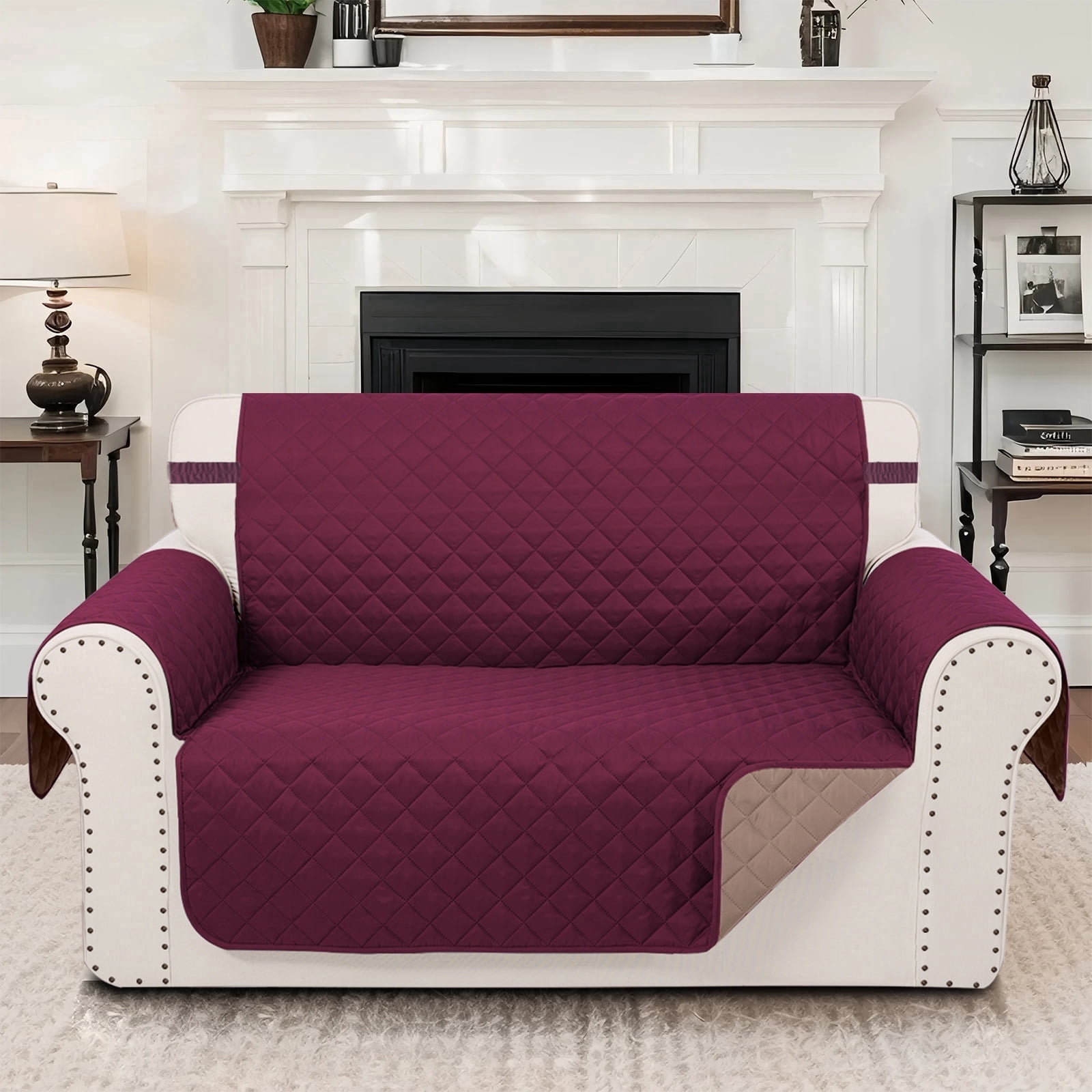 LUXSHARE HOME Reversible Loveseat Cover for Pet Friendly Machine Washable Water Repellent Furniture Protector with Elastic Straps & Foam Rods, 2-Seat Size, Burgundy/Tan