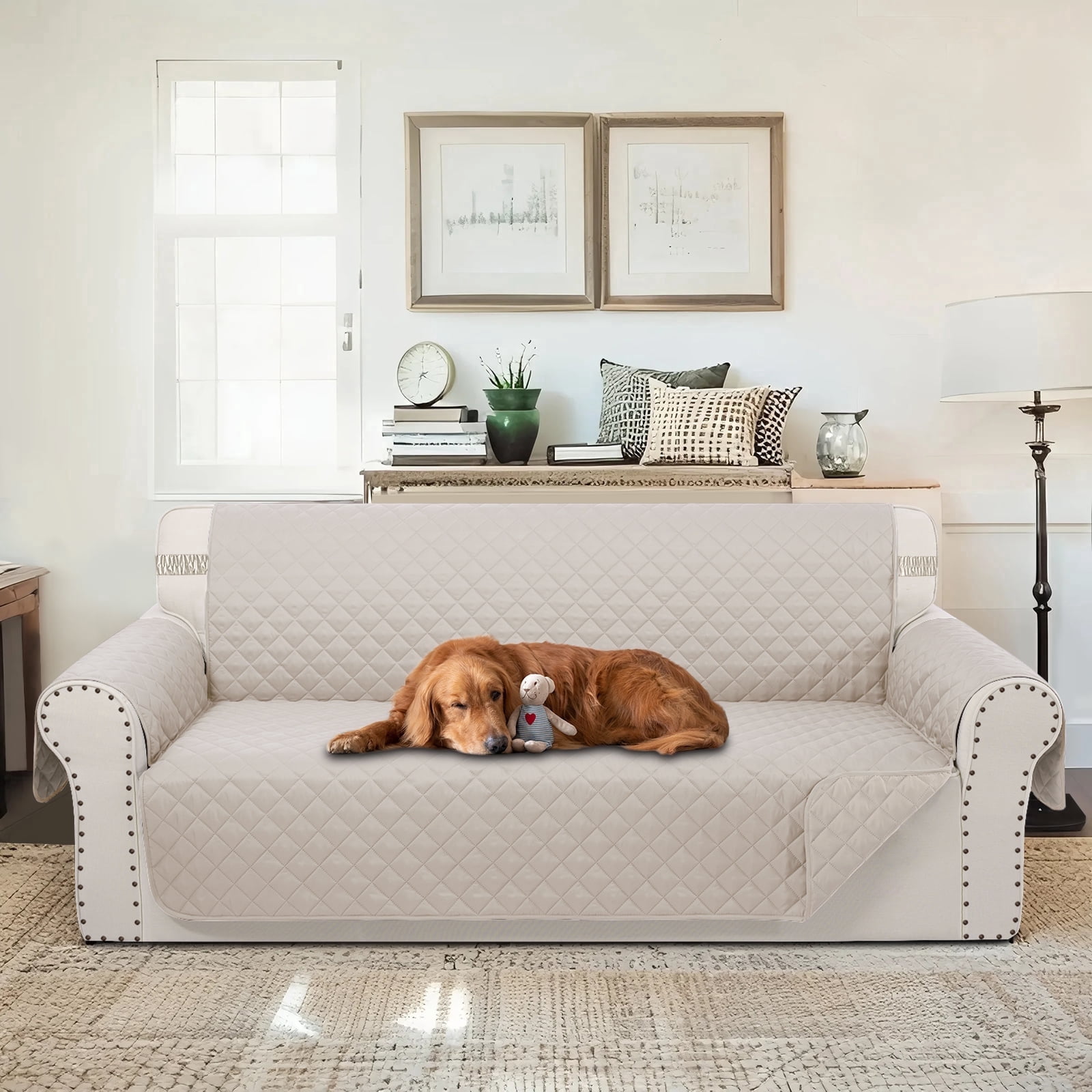 LUXSHARE HOME Reversible Sofa Couch Cover for Pet Friendly Machine Washable Water Repellent Furniture Protector with Elastic Straps & Foam Rods, 3-Seat Size, Beige/Beige