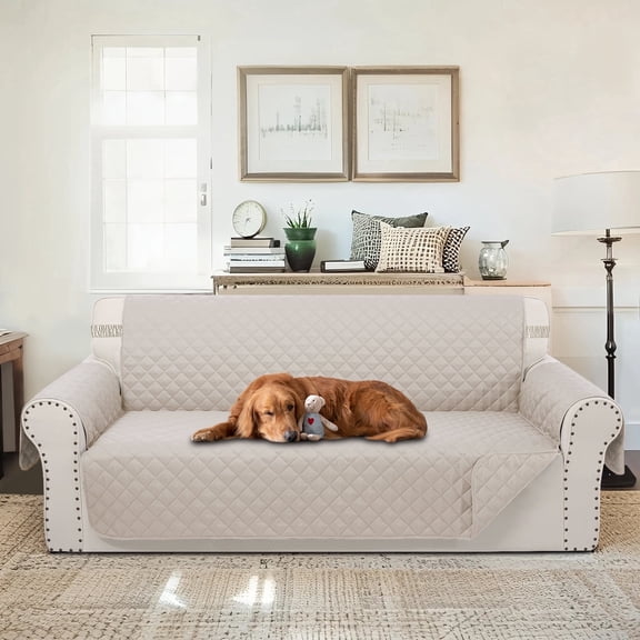 LUXSHARE HOME Reversible Sofa Couch Cover for Pet Friendly Machine Washable Water Repellent Furniture Protector with Elastic Straps & Foam Rods, 3-Seat Size, Beige/Beige