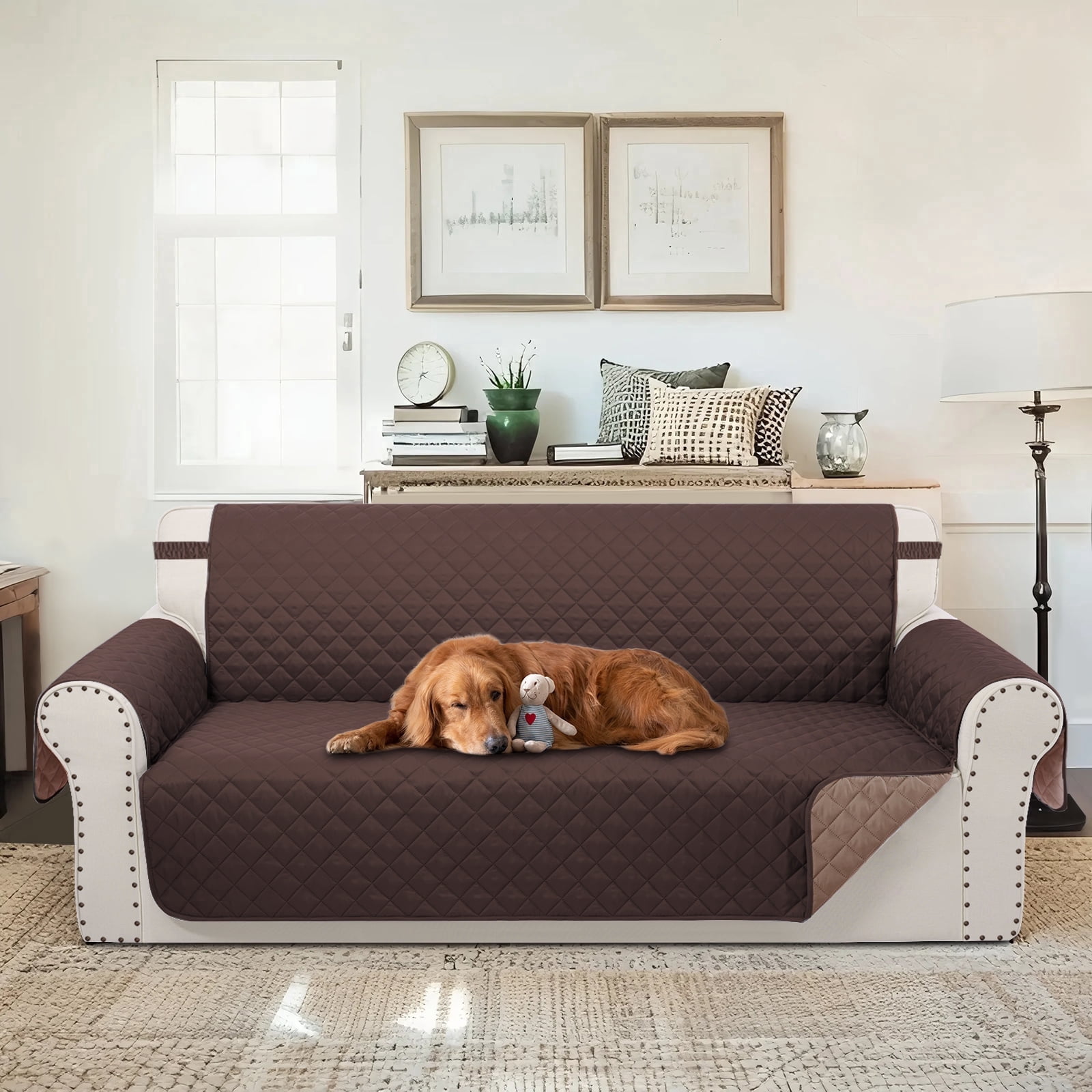 LUXSHARE HOME Reversible Sofa Couch Cover for Pet Friendly Machine Washable Water Repellent Furniture Protector with Elastic Straps & Foam Rods, 3-Seat Size, Chocolate/Taupe
