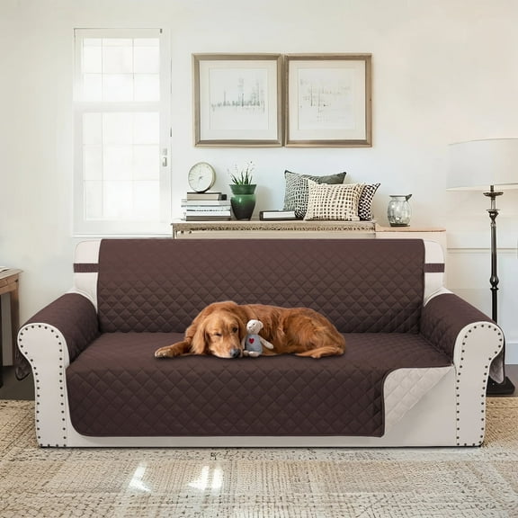 LUXSHARE HOME Reversible Sofa Couch Cover for Pet Friendly Machine Washable Water Repellent Furniture Protector with Elastic Straps & Foam Rods, 3-Seat Size, Chocolate/Beige