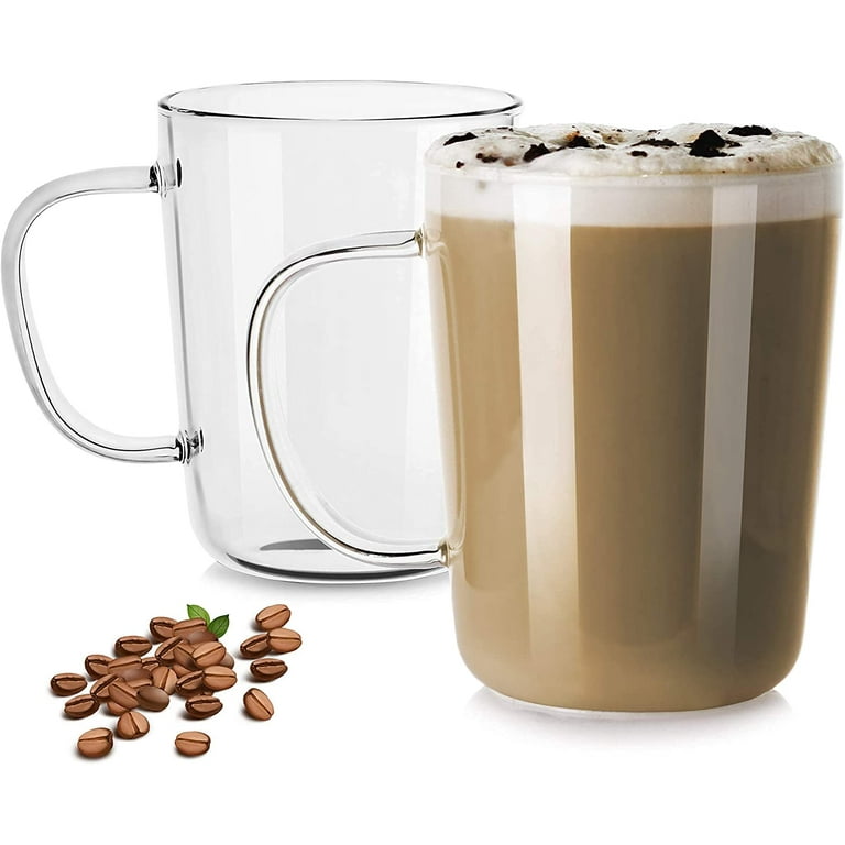 Double Walled Glass Coffee Drink Mug with Handle - Set of 2, Clear