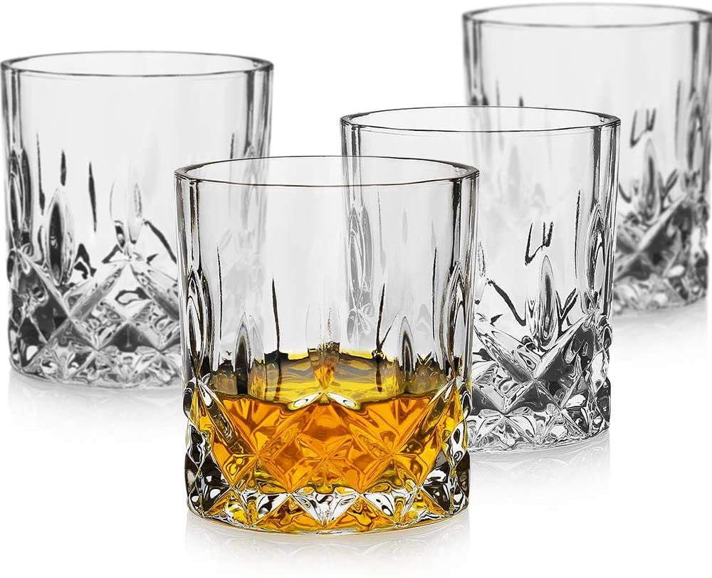 LUXU Whiskey Glasses(Set of 4)-11 oz sculpted Scotch Glass,Old Fashioned  Glasses,Crystal Bourbon Rock Glasses,Large Bar Glasses,Unique Glassware