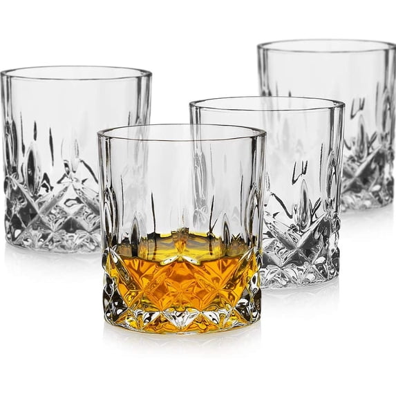 LUXU Whiskey Glasses(Set of 4)-11 oz sculpted Scotch Glass,Old Fashioned Glasses,Crystal Bourbon Rock Glasses,Large Bar Glasses,Unique Glassware Tumblers for Cocktails