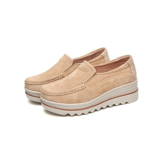 LUXUR Women Shoes Flat Slip On Loafers Casual Sneakers Memory Foam Insoles Wedge Platform Round Toe Suede Khaki 4