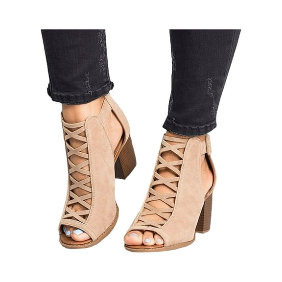 LUXUR Womens Summer Sandals Block Heels Zipper Fashion Peep Toe Dress Party Shoes Beige Size 12