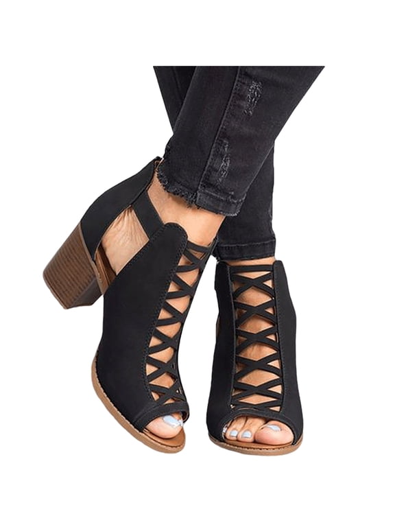 Womens Summer Sandals Block Heels Zipper Fashion Peep Toe Dress Party Shoes Black Size 4