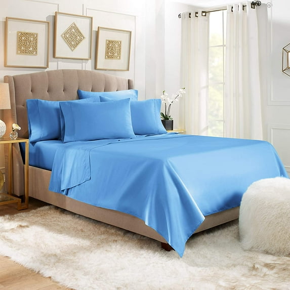 LUXURIOUS BEDDING Soft 1200 Series Long Staple 4 Piece Egyptian Cotton Bed Sheet Set ( Flat Sheet + Fitted 18'' + 2 Pillow Cases ) Double Brushed Breathable Sheets Calm Blue Full