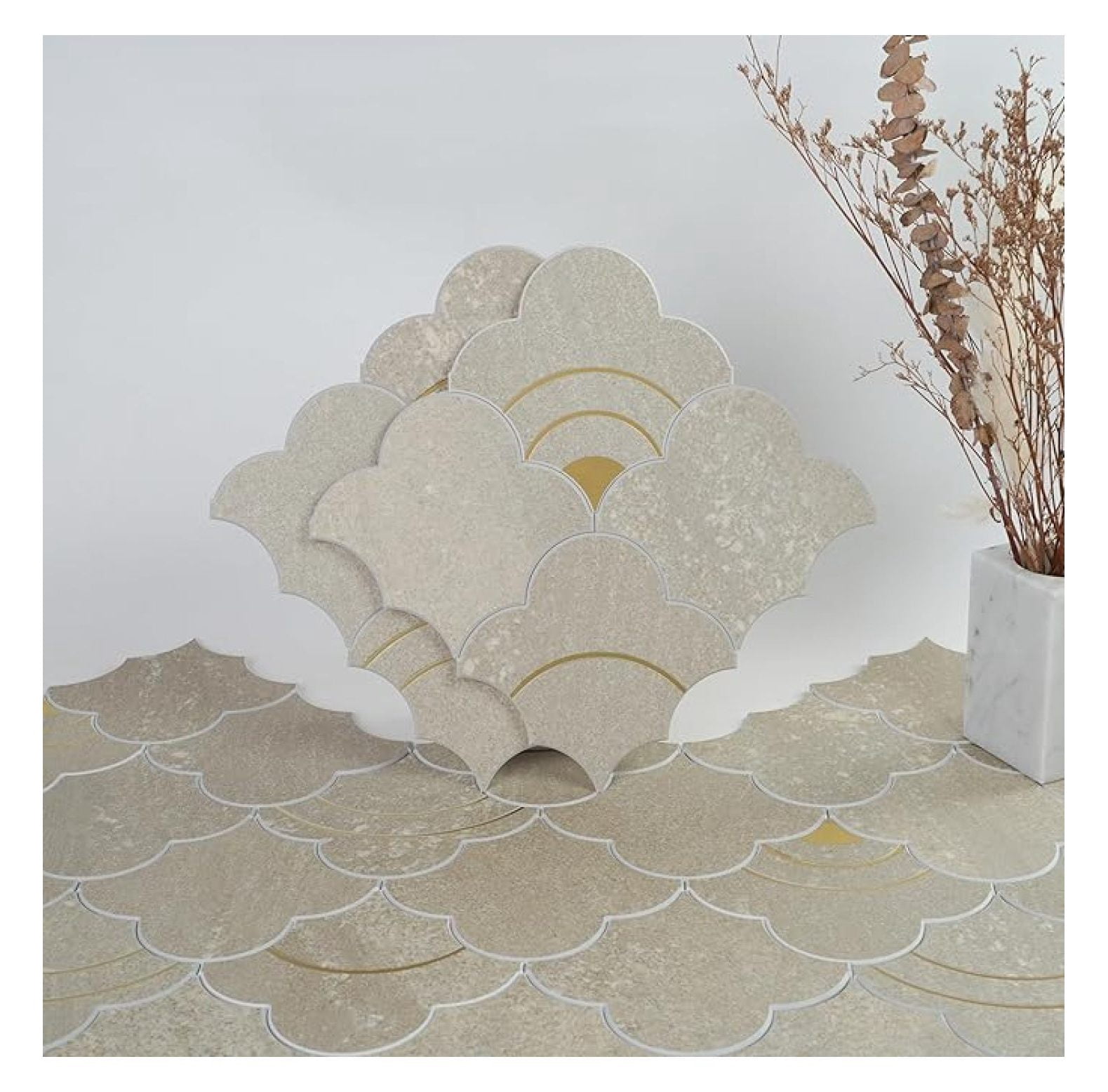 LUXURY 10PCS Peel and Stick Backsplash,Faux Stone Smart Adhesive Tile,Mix Metal Golden,Stick on Arabesque Geometric Waterjet,Accent Wall Mosaic Tile for Kitchen,Bathroom,Fireplace(Beige Marble)