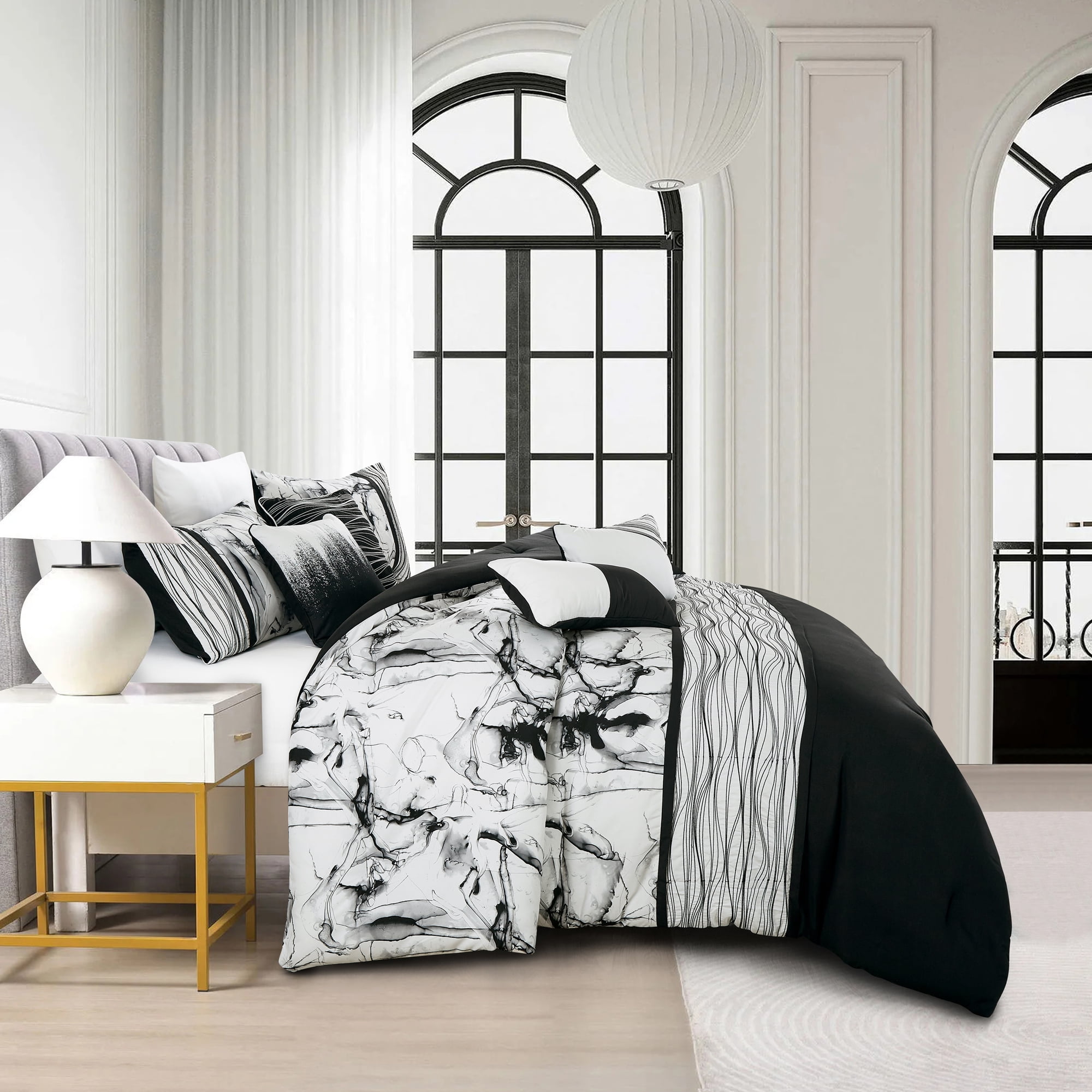 LUXURY 7 Pieces Comforter Set King Size, Modern Black White Marble Ink Art Printed Bedding Set