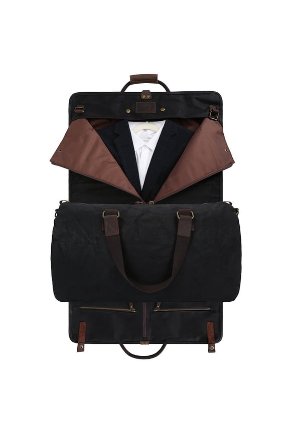 2-in-1 Canvas Leather Suit Luggage Garment Duffle Bag with Detachable Shoulder Strap for Travel and Business Trips 25 Litre Capacity (Black)